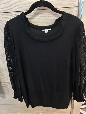 mercer & madison Black Ruffled Neck Knit Top with Lace Sleeves